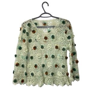 Handmade Wool Crochet Sweater with Floral Design — One of a Kind, Fits Like M